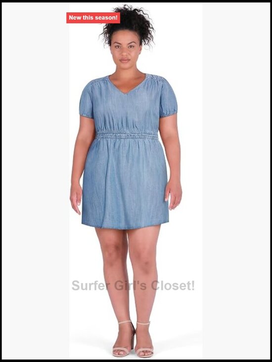 Dresses & Skirts - Plus Size A-Line Denim Mini Dress V-Neck Tie Back Short Sleeve